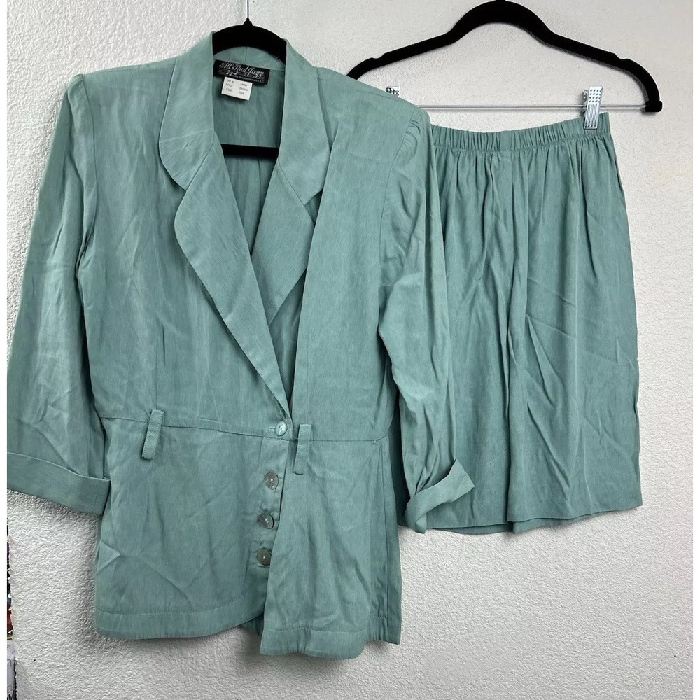 Vintage 90s Y2K All That Jazz Skirt Suit 2 Piece Set Turquoise Size 9/10